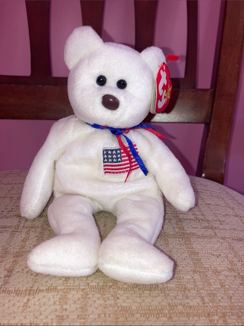 Ty White Bear Plush with American Flag Patch and Red & Blue Ribbon